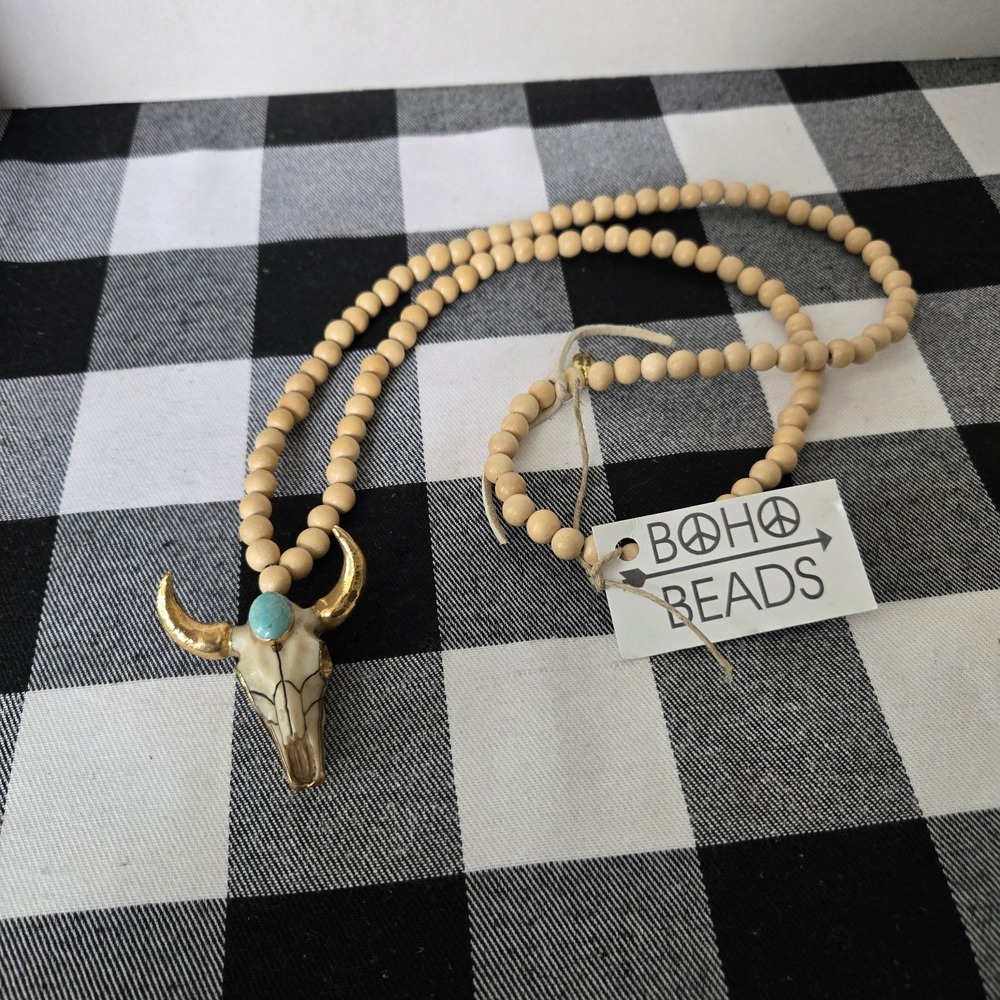 BOHO BEADS Wooden Beaded Necklace with Jewel Gold‎ Adorned Southwestern Western